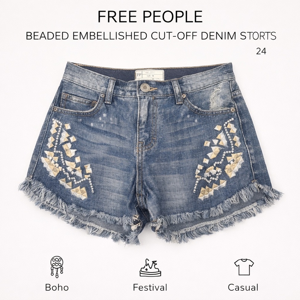 Free People Beaded Denim Shorts Size 24 Boho Distressed Cut Off Jean Shorts